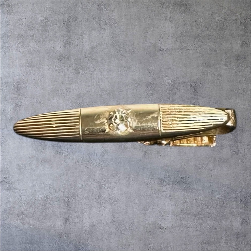 Vintage Gold Tone Tie Bar Bullet Shape Rhinestone Ribbed Ends